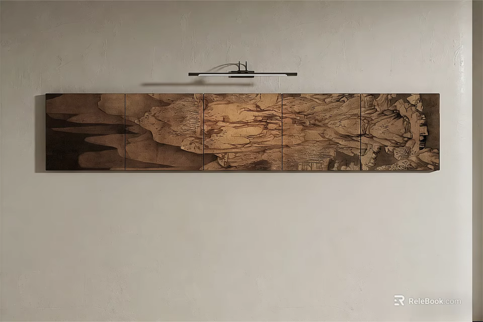 Traditional Chinese Landscape Oil Painting Long Hanging On Beige Wall With Pendant Light 3d model 