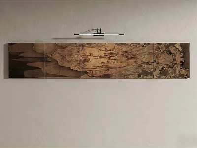 Traditional Chinese Landscape Oil Painting Long Hanging On Beige Wall With Pendant Light 3d model