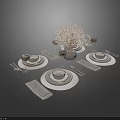 Elegant Tableware Set With Dinner Plates Silverware Wine Glasses And Centerpiece Decoration 3d model