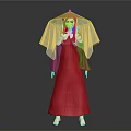 Elegant Game Movie Character In Red Robe With Orange Conical Hat And Transparent Veil