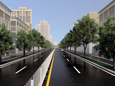 Urban Road Infrastructure Featuring Yellow Dividing Line White Lane Markings Trees Guardrails And High Rise Buildings 3d model