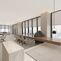 Elegant Modern Office Open Space With Sofas Round Coffee Tables Large Windows And Wooden Bookshelves