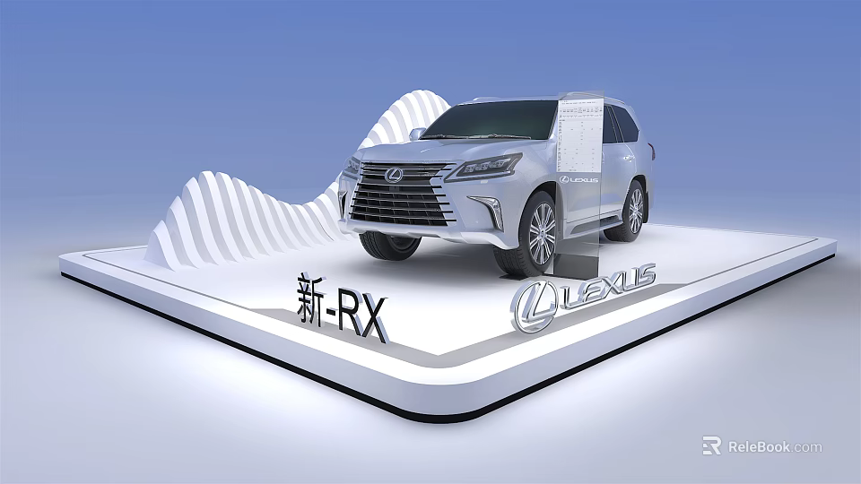 Sleek White Display Stand Showcasing Lexus New RX Car With LEXUS Logo On Blue Background 3d model 
