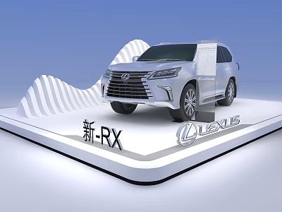 Sleek White Display Stand Showcasing Lexus New RX Car With LEXUS Logo On Blue Background 3d model