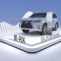Sleek White Display Stand Showcasing Lexus New RX Car With LEXUS Logo On Blue Background