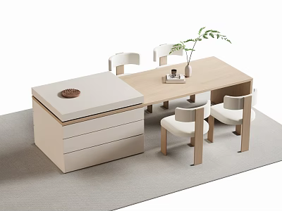Modern Open Kitchen Bar Counter Design With Wooden Table And White Chairs 3d model