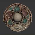 Round Decorative Disc With Green Red Gemstone Inlay Copper Edge And Beige Center