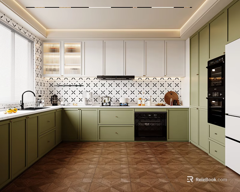 Stylish Green And White Kitchen Interior With Patterned Tile Backsplash Black Appliances And Herringbone Floor 3d model 