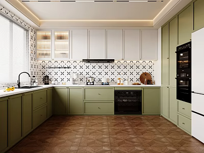 Stylish Green And White Kitchen Interior With Patterned Tile Backsplash Black Appliances And Herringbone Floor 3d model