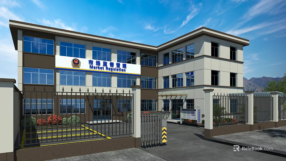 Modern Multi Story Office Building With Glass Windows Front Entrance And Metal Gate Fence 3d model 