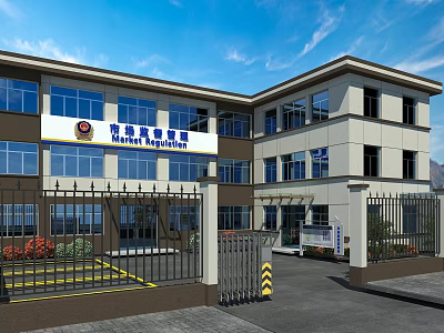 Modern Multi Story Office Building With Glass Windows Front Entrance And Metal Gate Fence 3d model
