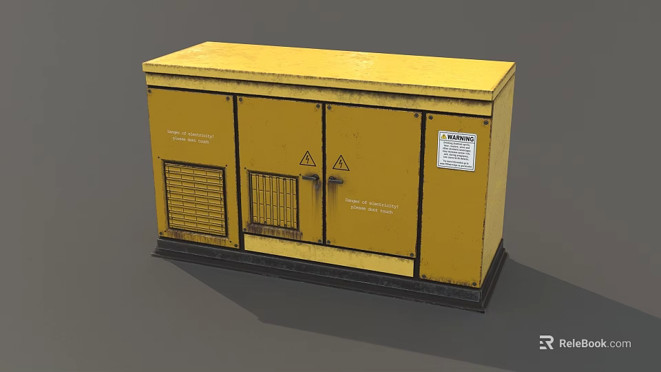 Yellow Industrial Equipment Enclosure With Double Doors Warning Signs Ventilation Grilles And Safety Label 3d model 