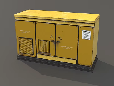 Yellow Industrial Equipment Enclosure With Double Doors Warning Signs Ventilation Grilles And Safety Label 3d model