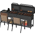 Outdoor BBQ Grill Setup With Grilled Burgers Sausages Bread Rolls And Chairs