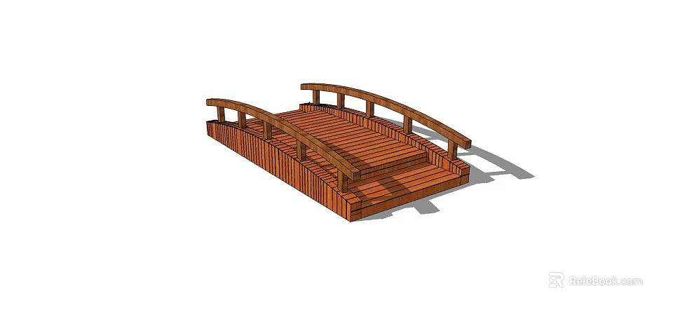 Arched Wooden Bridge With Railing And Wooden Planks For Garden Landscape 3d model 