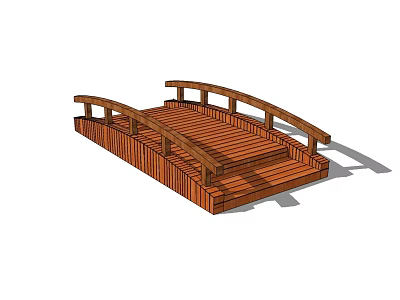 Arched Wooden Bridge With Railing And Wooden Planks For Garden Landscape 3d model