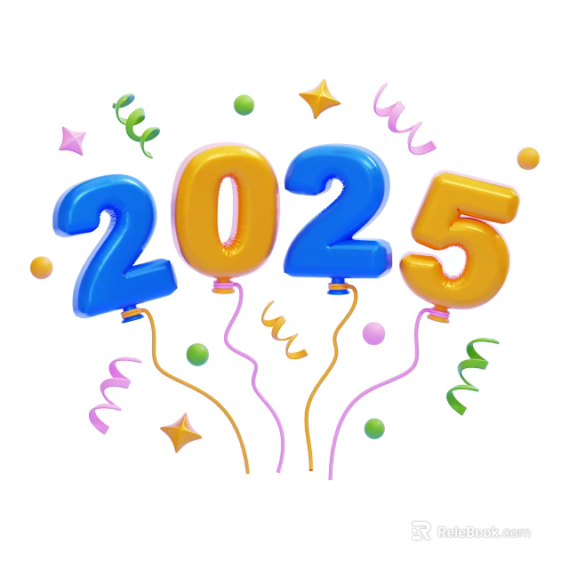 2025 Decorative Ornament Set with Number Balloons Colorful Streamers Stars and Dots 3d model 