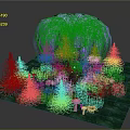 Enchanted Forest Scene With Purple Willow Tree Green Pine Trees Grass Mushrooms And Small Flowers