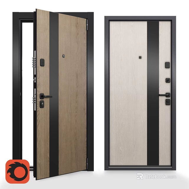 Modern Sleek Swing Doors With Natural Wood Grain And Black Strips Design 3d model 