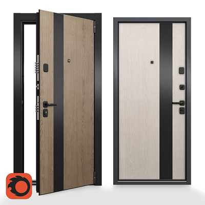 Modern Sleek Swing Doors With Natural Wood Grain And Black Strips Design 3d model