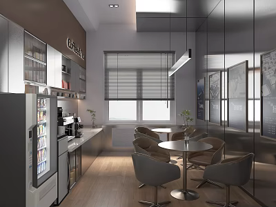 Elegant Modern Break Room Interior With Coffee Machine Refrigerator Round Table And Window Blinds 3d model