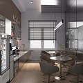 Elegant Modern Break Room Interior With Coffee Machine Refrigerator Round Table And Window Blinds 3d model