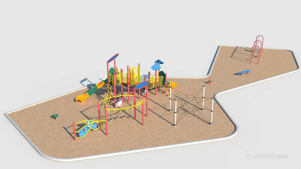Colorful Kids Playground Equipment With Slide Climbing Structures Swings On Sand Ground 3d model 