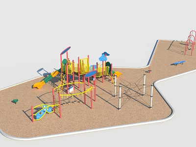 Colorful Kids Playground Equipment With Slide Climbing Structures Swings On Sand Ground 3d model