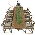Rustic Wooden Dining Table Set With Green Tabletop Matching Chairs And Tea Kettle 3d model