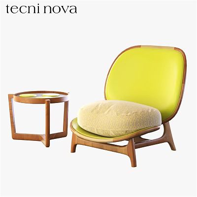 Comfortable Leisure Chair With Bright Yellow Seat Wooden Frame And Matching Round Side Table 3d model