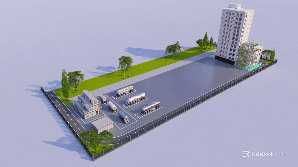 Modern Urban Landscape Design With Green Area Trees Parking Lot And High rise Building 3d model 