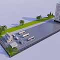 Modern Urban Landscape Design With Green Area Trees Parking Lot And High rise Building