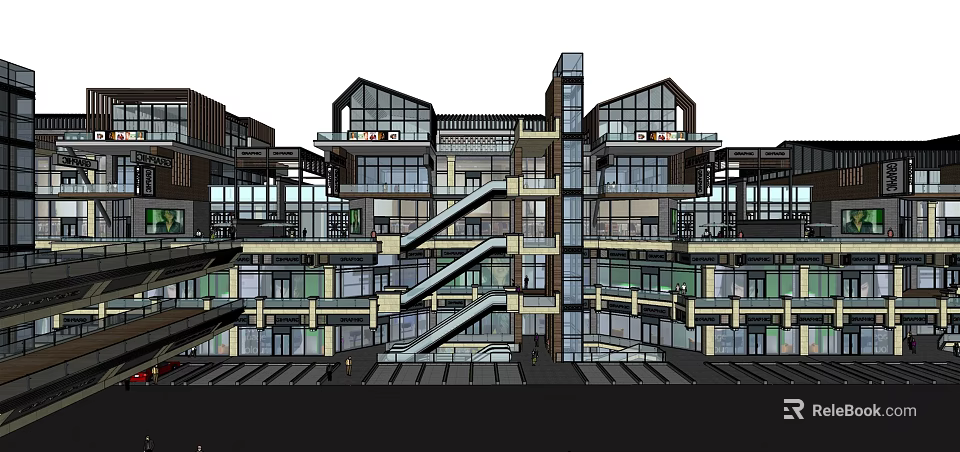 Modern Commercial Street Design With Multiple Floors Glass Facades Balconies And Staircases 3d model 