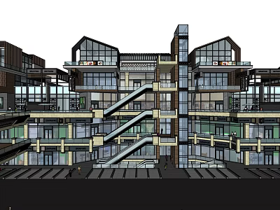 Modern Commercial Street Design With Multiple Floors Glass Facades Balconies And Staircases 3d model
