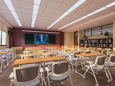 School Classroom Interior With Bright Lighting Wooden Desks Chairs Blackboard And Bookshelves 3d model