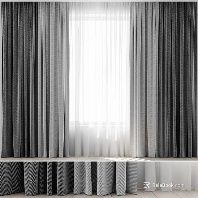 Modern Grey Curtains With Sheer White Panels For Window Decoration 3d model 