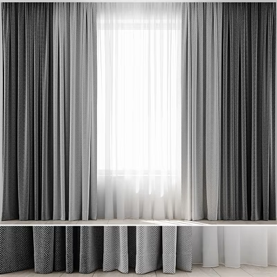 Modern Grey Curtains With Sheer White Panels For Window Decoration 3d model