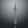 Ornate Decorative Sword With Golden Hilt Cross Shaped Pommel Gemstone Inlays And Engraved Blade