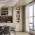 Modern Restaurant Interior With Round Dining Table Gray Chairs Chandelier And Wine Cabinet