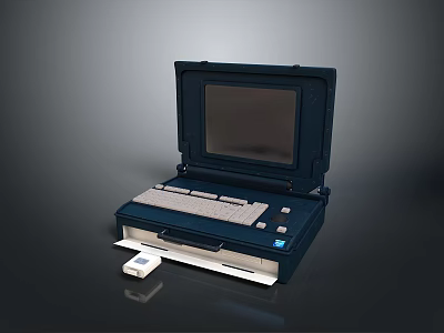 Dark Blue Portable Computer Featuring Open Screen Keyboard Drawer Tray And Small White Device 3d model