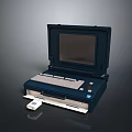 Dark Blue Portable Computer Featuring Open Screen Keyboard Drawer Tray And Small White Device