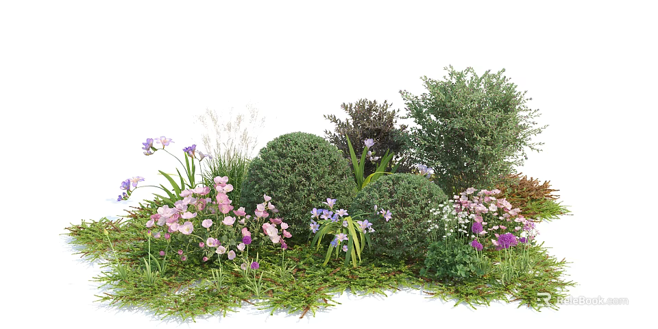 Various Green Shrubs With Pink And Purple Flowers In Lush Garden Landscape 3d model 