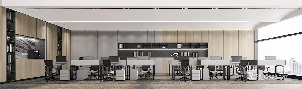 Modern Public Office Area With Ergonomic Office Desks Wooden Bookshelves And Recessed Ceiling Lights 3d model 