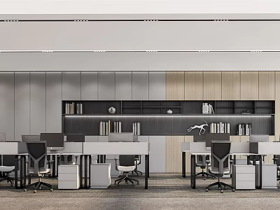 Modern Public Office Area With Ergonomic Office Desks Wooden Bookshelves And Recessed Ceiling Lights 3d model