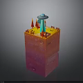 Colorful Layered 3D Structure with Top Platform UFO Red Cones and Small Fences