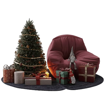 Christmas Themed Decorative Ornament Set With Tree Red Armchair Gnome Doll And Gift Boxes 3d model