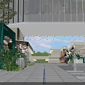 Modern Building Entrance Area With Decorative Flowers Water Pool Steps And Glass Curtain Wall