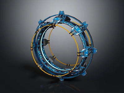 Blue Circular Structural Industrial Equipment With Metal Components And Yellow Cables 3d model