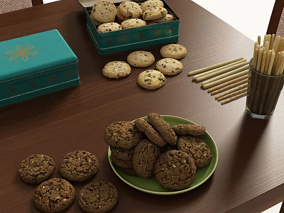 Assorted Delicious Cookies on Table with Green Box Plate and Biscuit Sticks 3d model