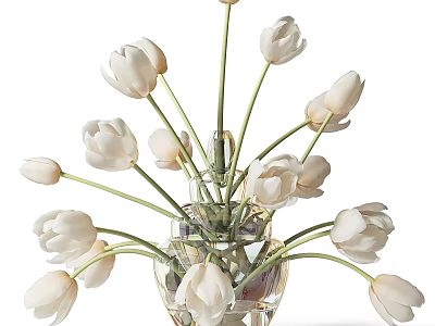 Elegant Transparent Glass Vase With Fresh White Tulips And Decorative Stones 3d model